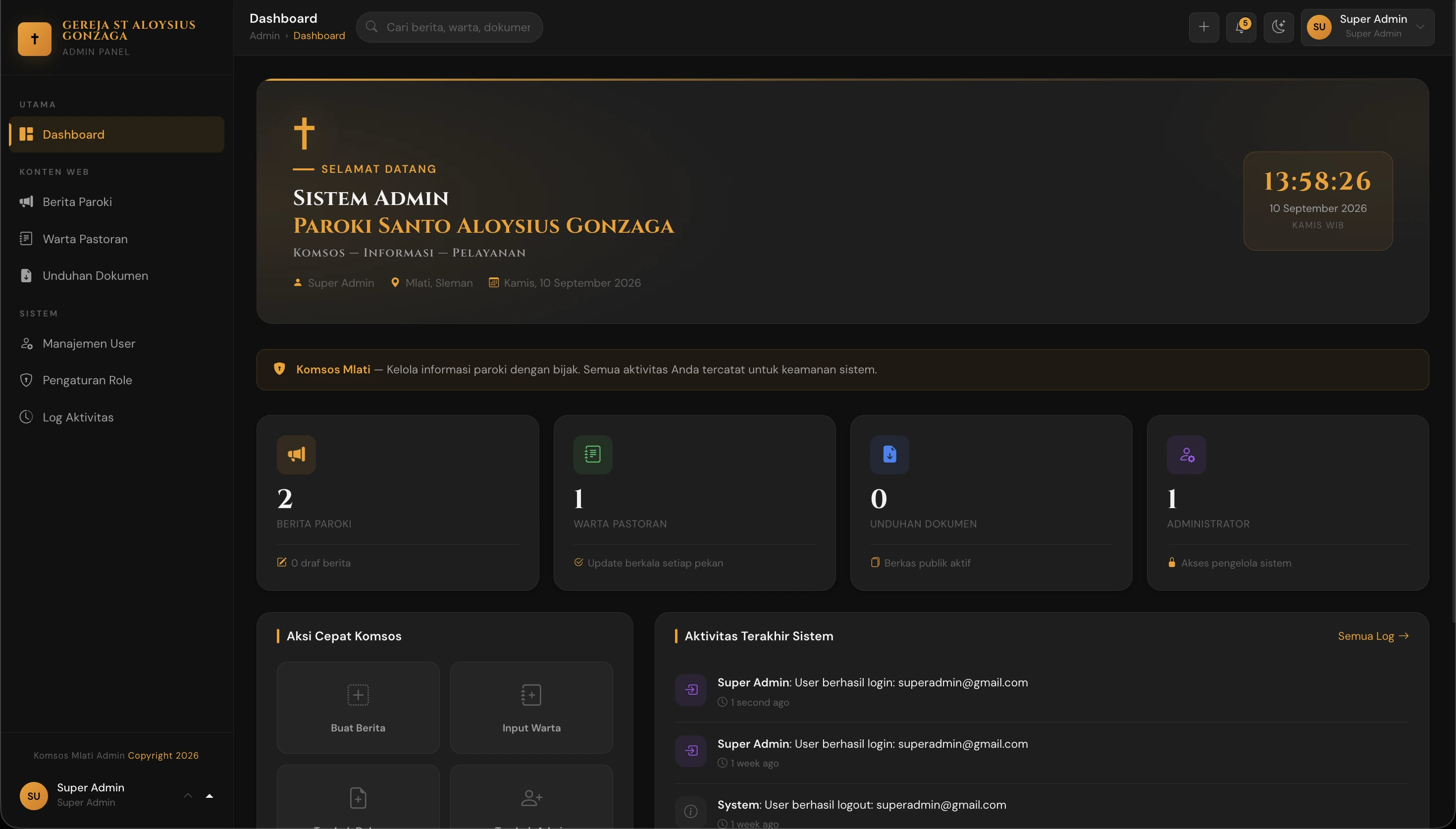 Sistem Admin Paroki Santo Aloysius Gonzaga - Dashboard